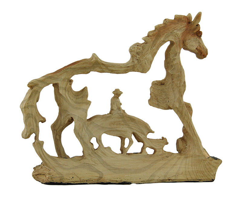 The Wrangler Cowboy In Horse Faux Carved Wood Openwork Statue image number 2