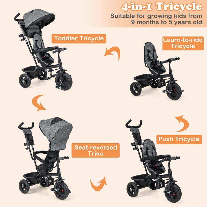 Kids Tricycle with Adjustable Push Handle and Removable Canopy for Toddlers image number 4