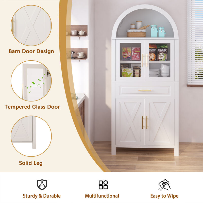 Merax Farmhouse Arched Glass Barn Door Pantry Cabinet - Adjustable Shelves & Built-In Racks image number 3