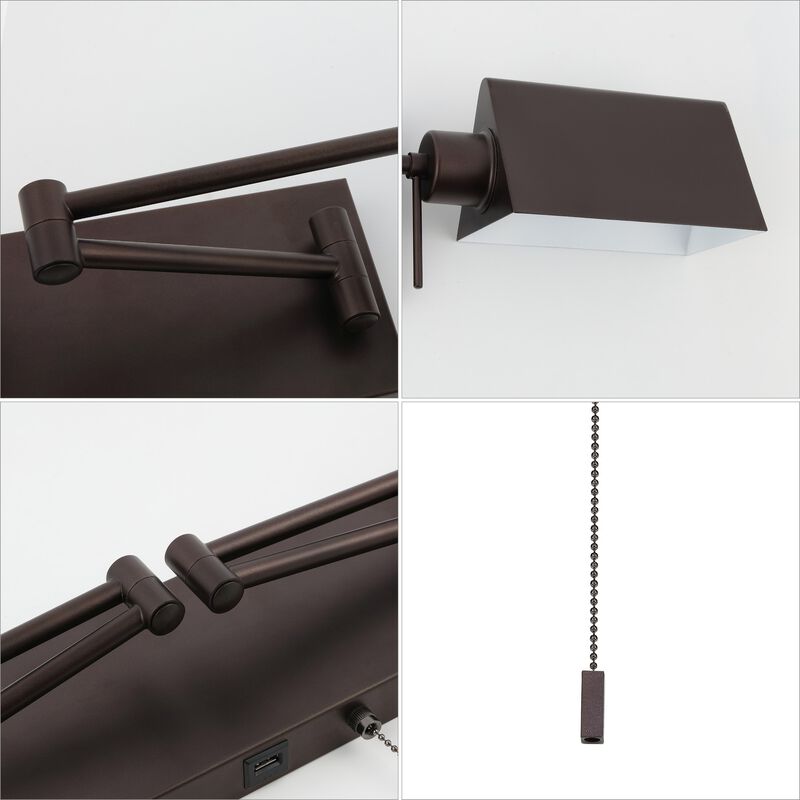 Arlo 54" 2-Light Farmhouse Industrial Double Swing Arm Iron LED Wall Sconce with Pull-Chain USB Charging Port