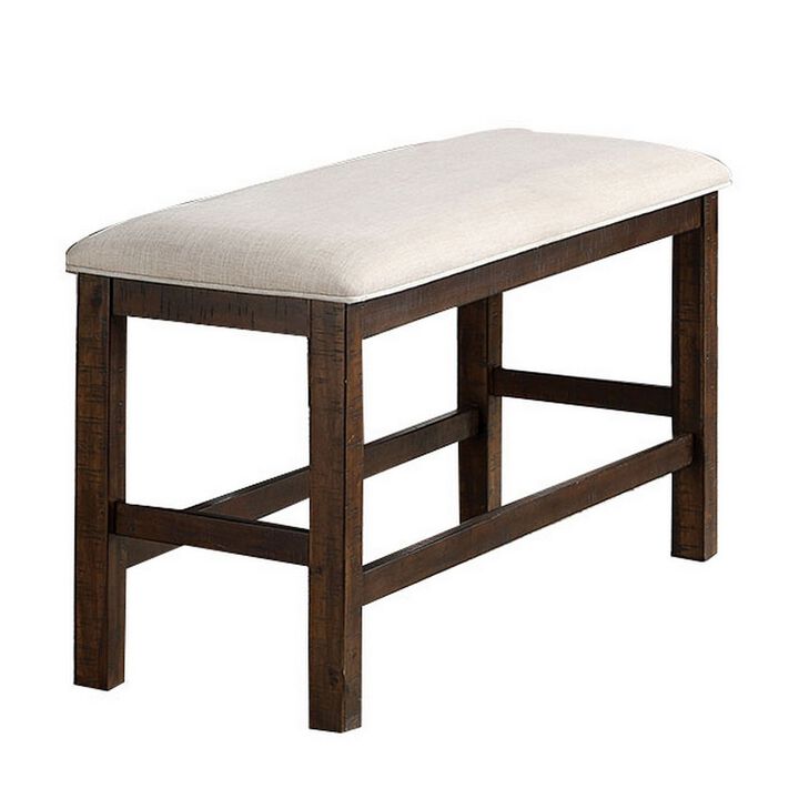 Shaw 47 Inch Counter Height Bench, Beige Padded Seat, Rustic Brown Base-Benzara