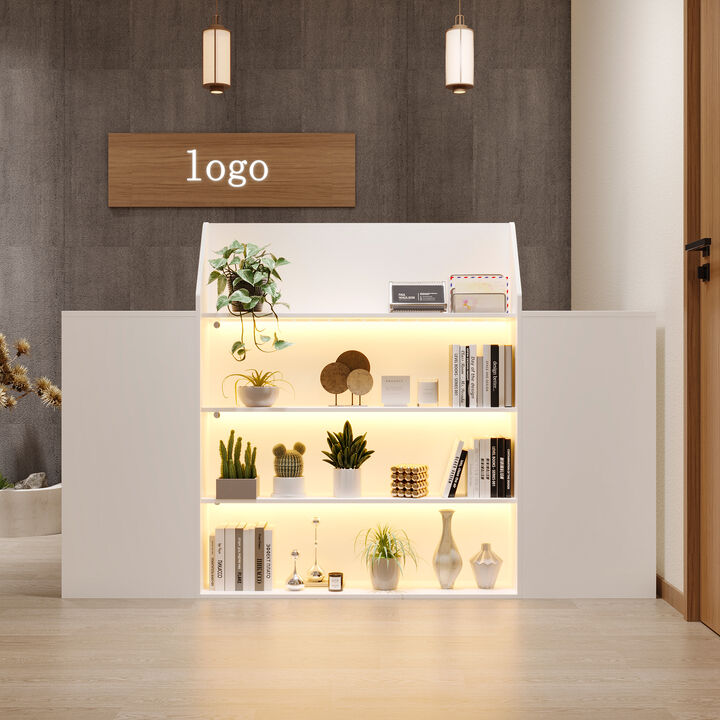 FUFU&GAGA Modern Reception Desk with LED Light Strips 3 Open Shelves Lockable Drawers and Keyboard Drawer 61''L x 19.7''W x 29.5''H White