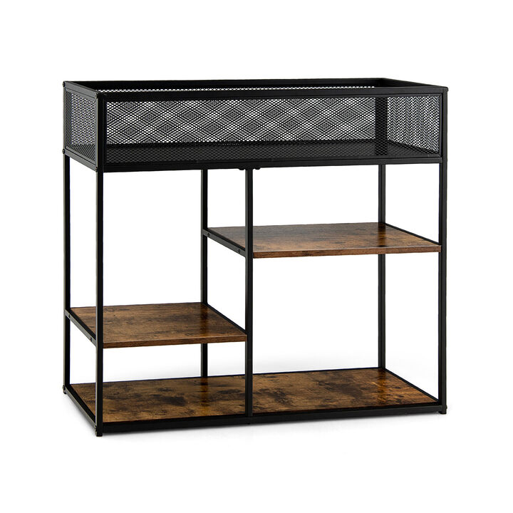 4-Tier Industrial Console Table with Wire Basket and shelf-Rustic Brown