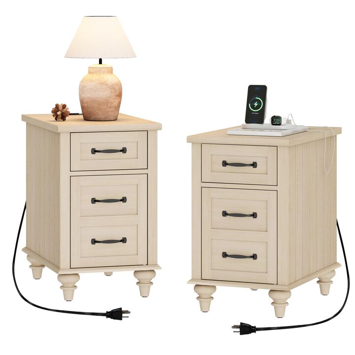 WAMPAT Set of 2 End Tables with Charging Station, Beige Side Table with Storage Cabinet & Drawer, Wooden Nightstands with Power