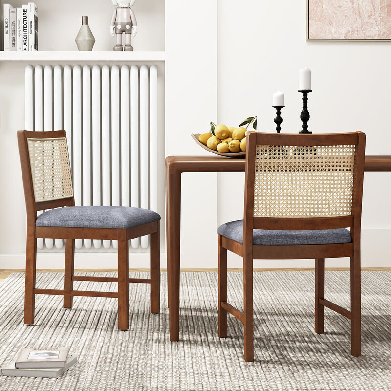 Rattan Dining Chair Set of 2 with Rubber Wood Frame and Linen Fabric Padded Seat