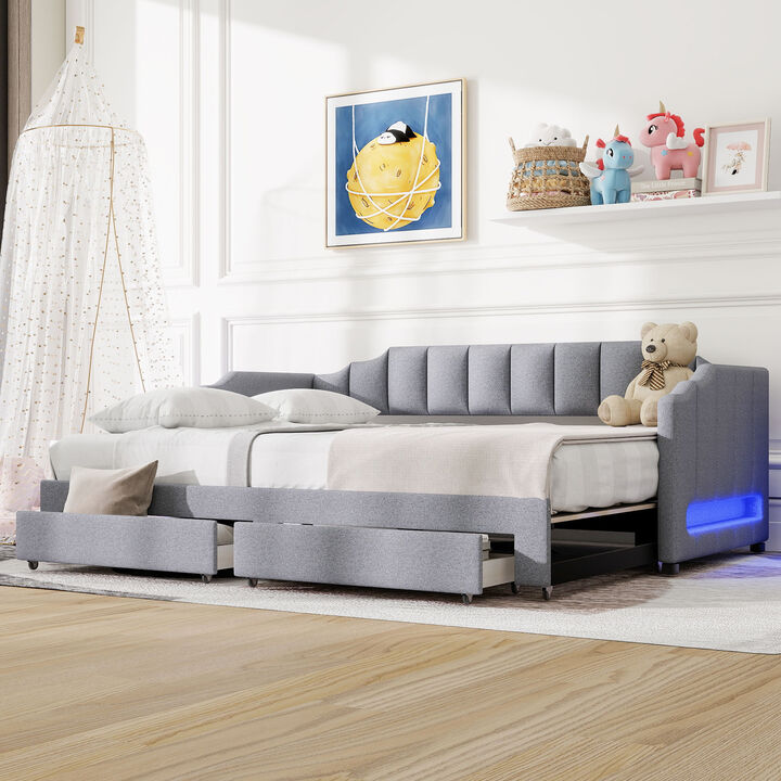 Merax Twin XL to King Size Upholstered Daybed with LED Light & Storage Drawers