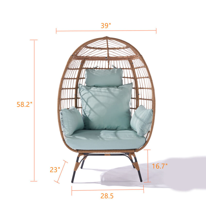Wicker Egg Chair, Oversized Indoor Outdoor Lounger for Patio, Backyard, Living Room w/ 5 Cushions, Steel Frame, 440lb Capacity Light Blue