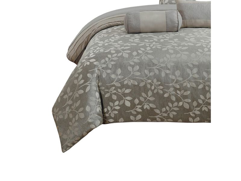 King Size 7 Piece Fabric Comforter Set with Leaf Prints, Gray - Benzara image number 5