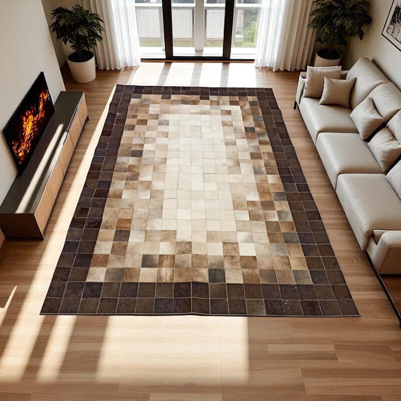 Ombre Cowhide Rug, Brown and Beige Leather Patchwork Carpet, Modern Handmade Leather Rug, Custom Size Available image number 4