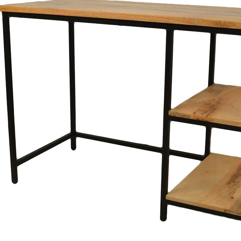 HomeRoots 42" Natural and Black Solid Wood and Metal Computer Desk image number 2