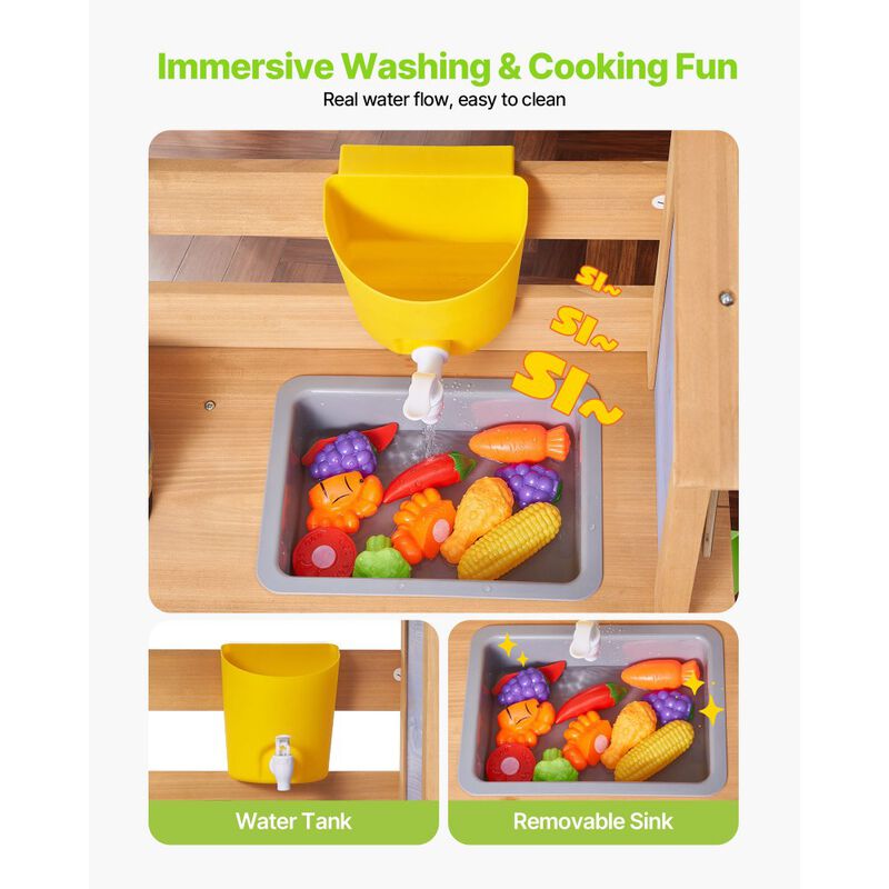 Wooden Outdoor Play Kitchen for Kids with Sink, Water Tank and Accessories-Natural image number 3