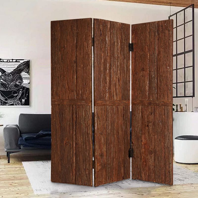 Wooden Foldable 3 Panel Room Divider with Plank Style, Small, Brown image number 5