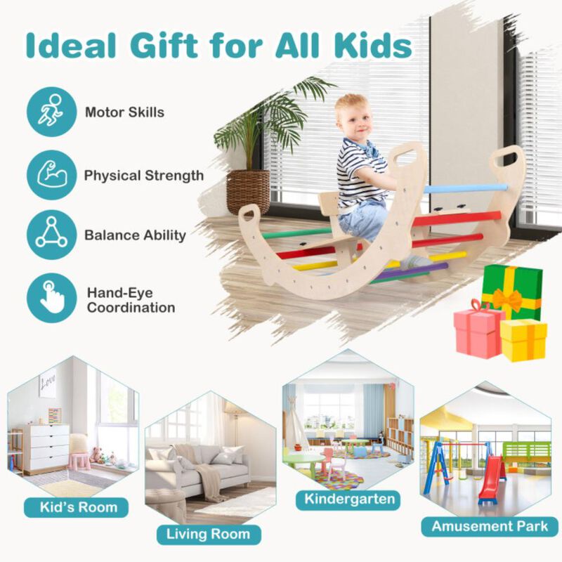 Hivvago 4-in-1 Multifunctional Wooden Climbing Toys with Rocker and Crawling Tunnel