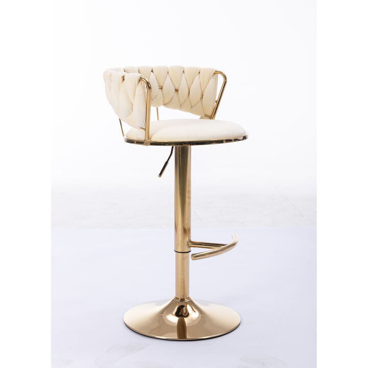 Set of 2 Bar Stools, with Chrome Footrest and Base Swivel Height Adjustable Mechanical Lifting Velvet + Golden Leg Simple Bar Stool-Cream