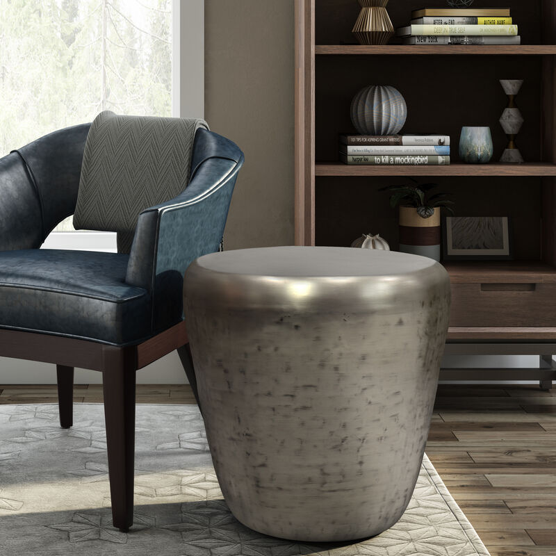 Garvy Industrial 20 inch Wide Metal Accent Side Table in Antique Silver, Fully Assembled