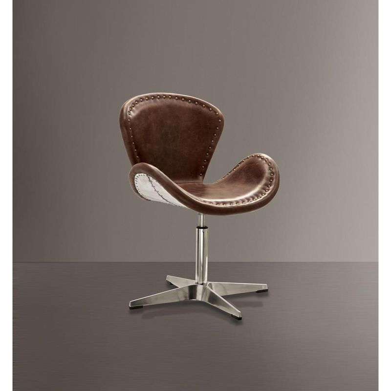 Acme Furniture Brancaster Accent Chair w/Swivel (1Pc), Retro Brown Top Grain Leather & Aluminum, 22 Seat Height (96554)