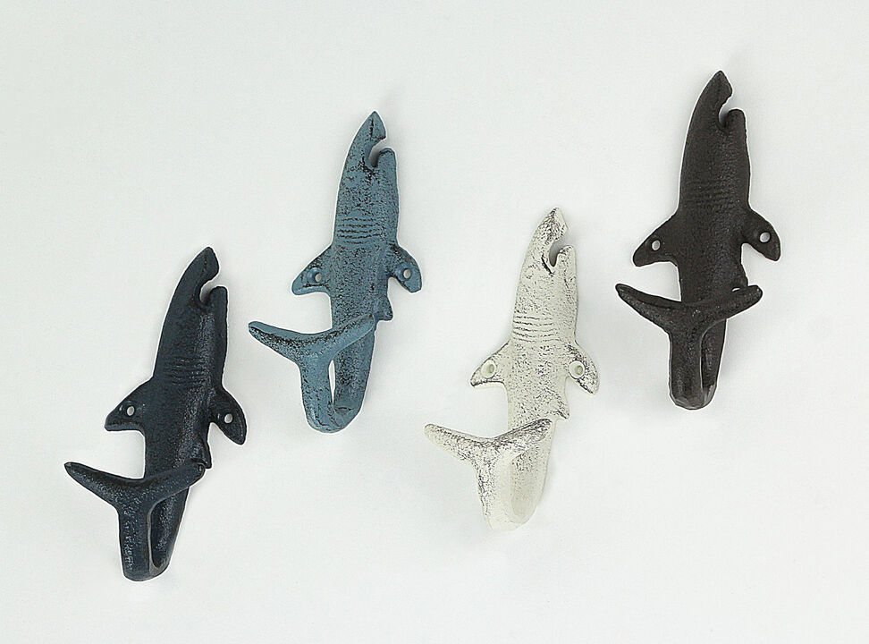 Set of 4 Cast Iron Shark Tail Wall Hooks - Nautical Beach-Themed Bathroom Towel and Coat Hanging Decor - Functional and Colorful Stylish Coastal Charm