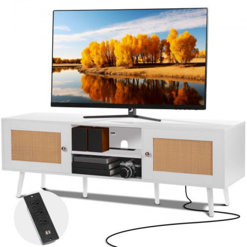 TV Stand for 65 Inch TV &ndash; Rattan Door Console with Built-In Charging Ports, Boho Media Cabinet for Modern Living Room