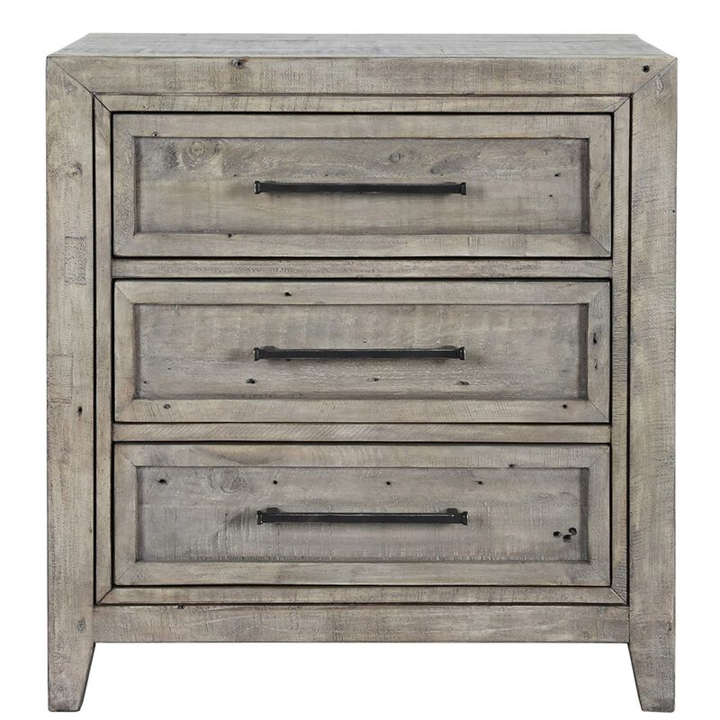 3 Drawer Wooden Nightstand with Rough Hewn Saw Texture Detail, Gray-Benzara