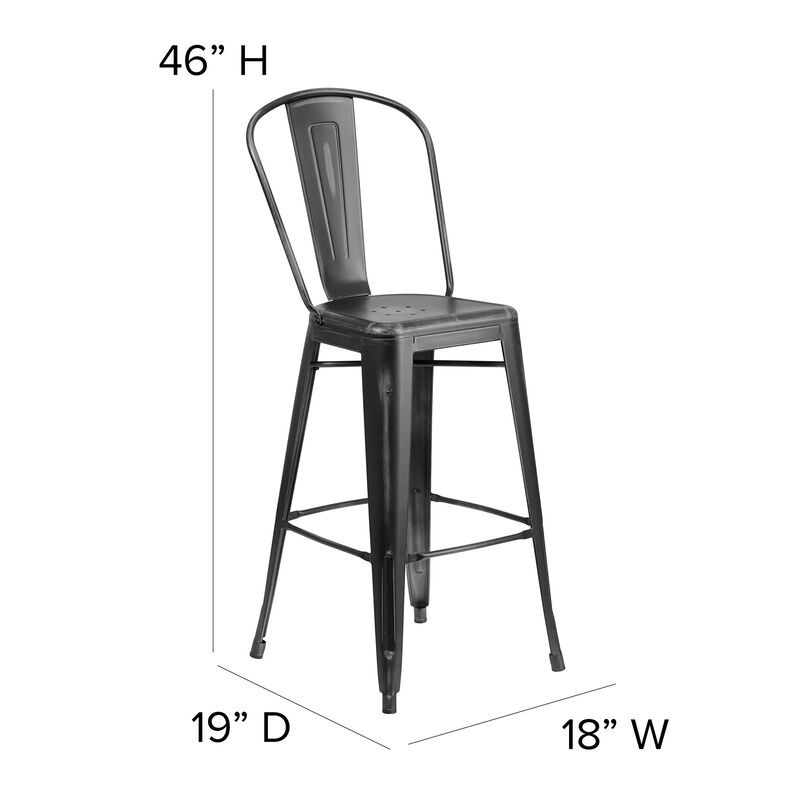 Flash Furniture Commercial Grade 30" High Distressed Black Metal Indoor-Outdoor Barstool with Back