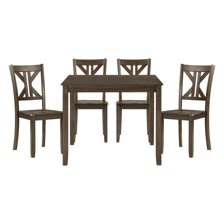 Ivy 5 Piece Dining Set, Square Top Table, 4 X Back Chairs, Brown Solid Wood - Benzara