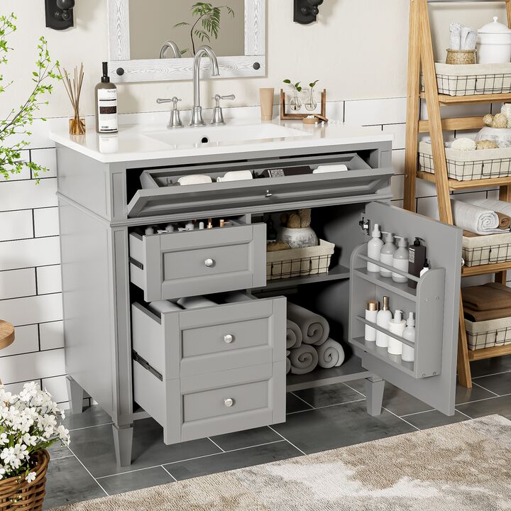 36 in. W Modern Bathroom Vanity with Single Sink, 2 Storage Drawers and 1 Tip-Out Drawer
