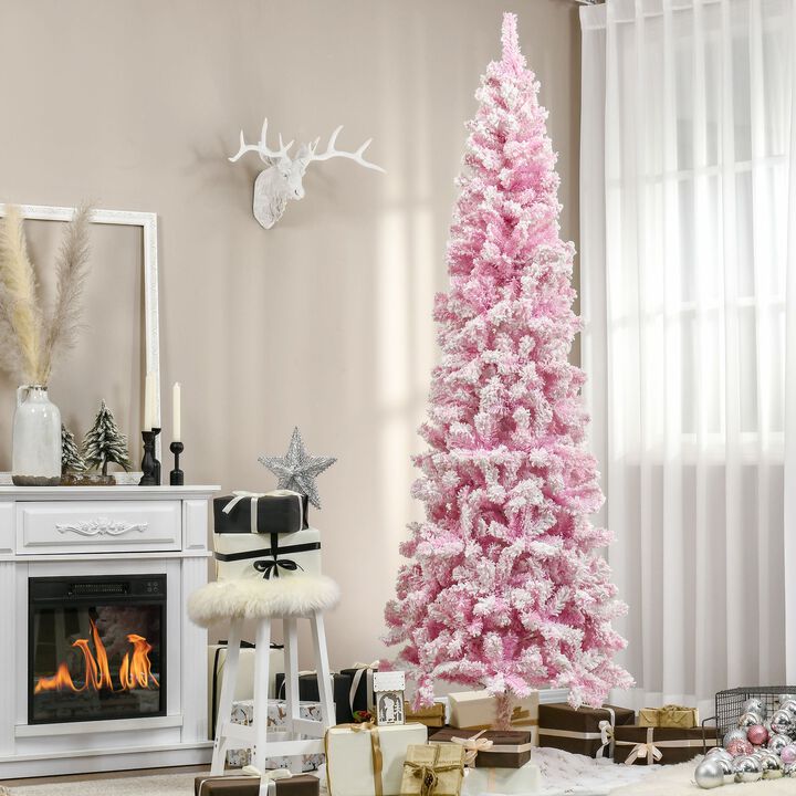 7.5 ft Tall Unlit Snow Flocked Artificial Christmas Tree Slim Pencil Xmas Tree with Pine Shape and Realistic Branches