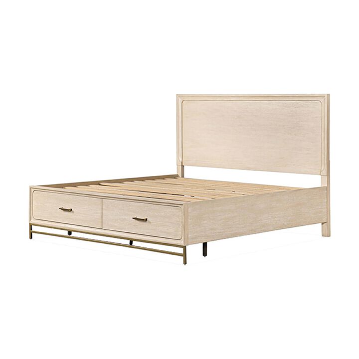 Rozie Queen Bed, Footboard Storage Drawers, Light Oak Brown Solid Wood - Benzara