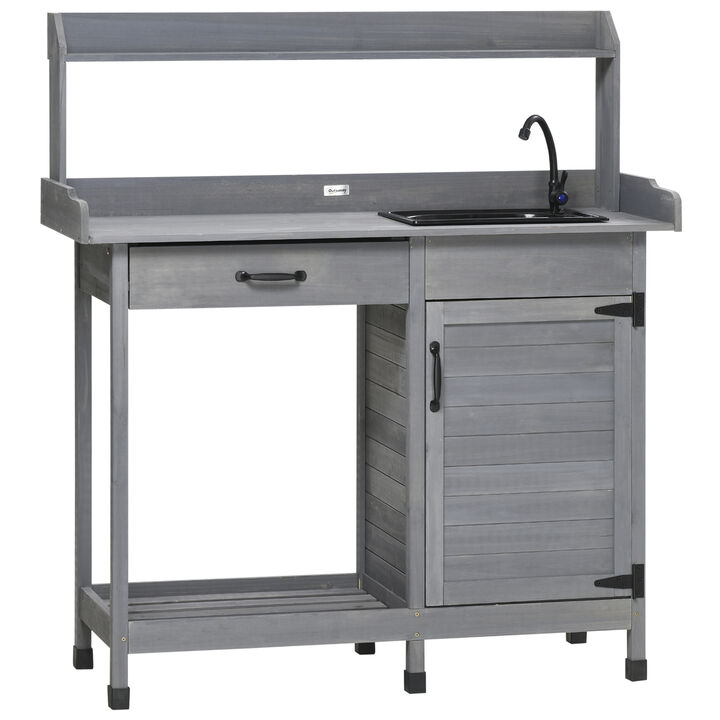 Outsunny Outdoor Potting Bench Table, Garden Work Station with Storage Cabinet, Open Shelf and Steel Tabletop, Gray
