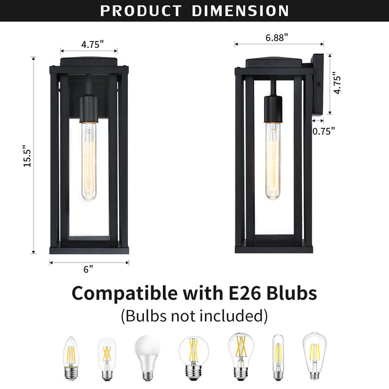 16 in. Modern Industrial 1-Light Dimmable Black Outdoor Wall Lantern image number 2