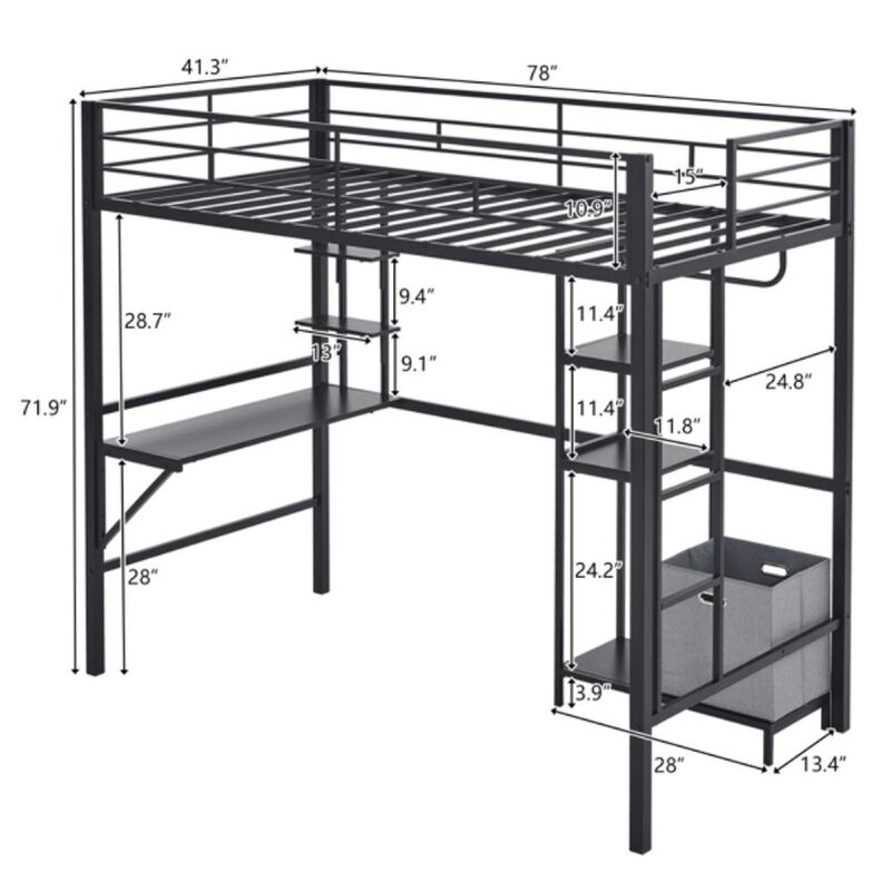 Heavy-Duty Loft Bed with Desk, Storage Shelves, Guardrails & Dual Ladders, No Box Spring Needed image number 3