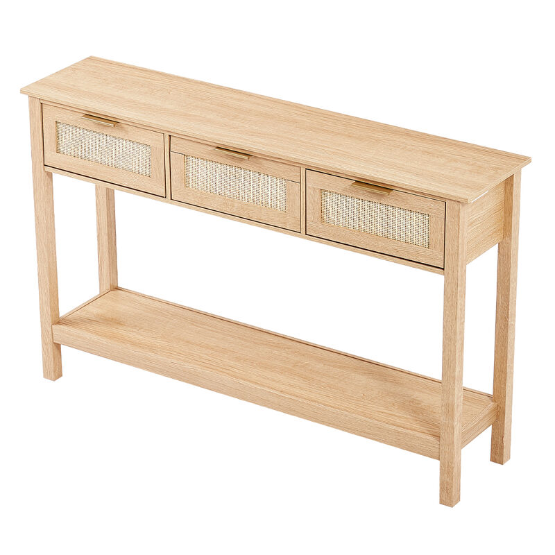 VEVOR Rattan Console Table with 3 Storage Drawers Rattan Sliding Door Natural image number 7