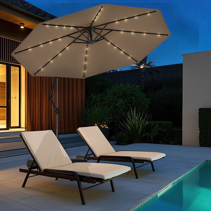 10 Feet Solar Offset Hanging Umbrella with Base and 32 LED Lights