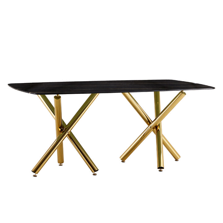 Hivvago 68 Seater Modern Kitchen Dining Table Rectangular Marble Table Top with Gold Metal Legs