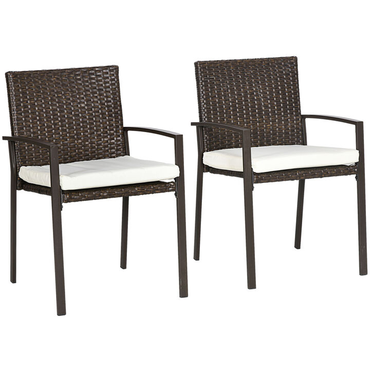 Outsunny 2 PCs Dining Chairs w/ Cushion, Patio Wicker Armchair Set, White