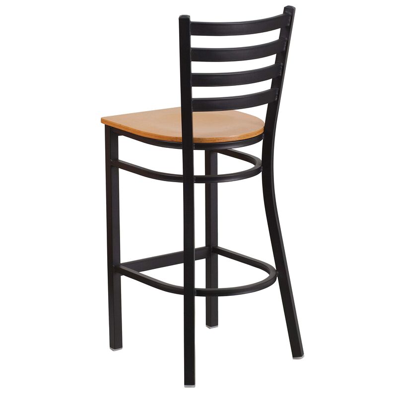 Flash Furniture HERCULES Series Black Ladder Back Metal Restaurant Barstool - Natural Wood Seat