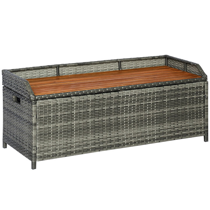 Outsunny Patio Wicker Storage Bench, Outdoor PE Rattan Patio Furniture, Air Strut Assisted Easy Open, 2-in-1 Large Capacity Rectangle Basket Box with Handles & Wooden Seat, Mixed Grey