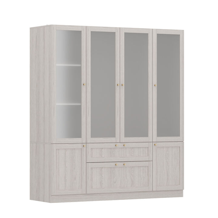 Beige Wood Grain 63 in. W Frosted Glass Doors Armoires with Hanging Rods, Drawers and Shelves 70.9 in. H x 19.7 in. D