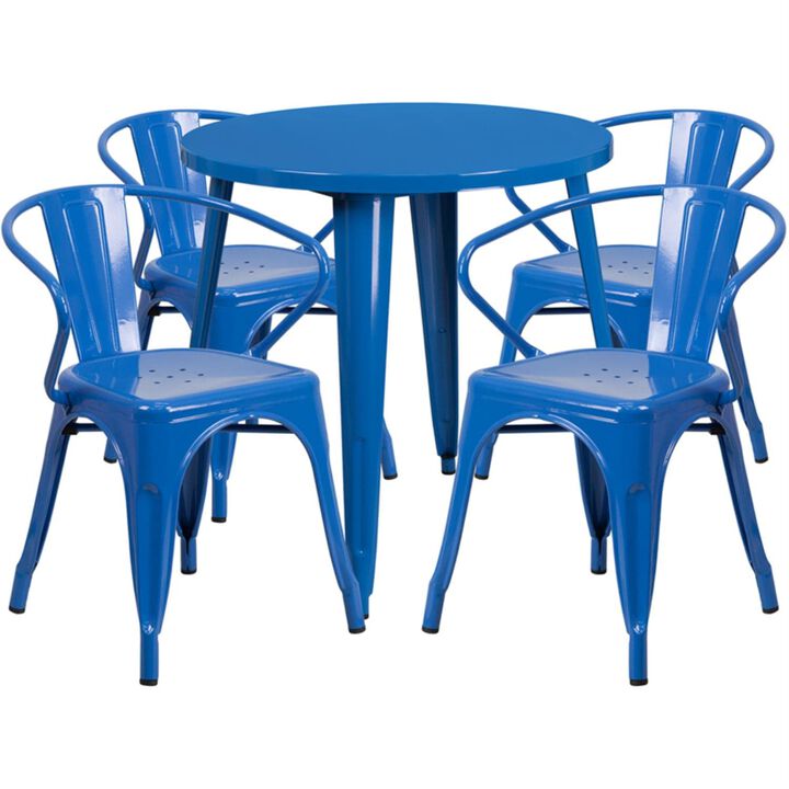 Flash Furniture Commercial Grade 30" Round Blue Metal Indoor-Outdoor Table Set with 4 Arm Chairs