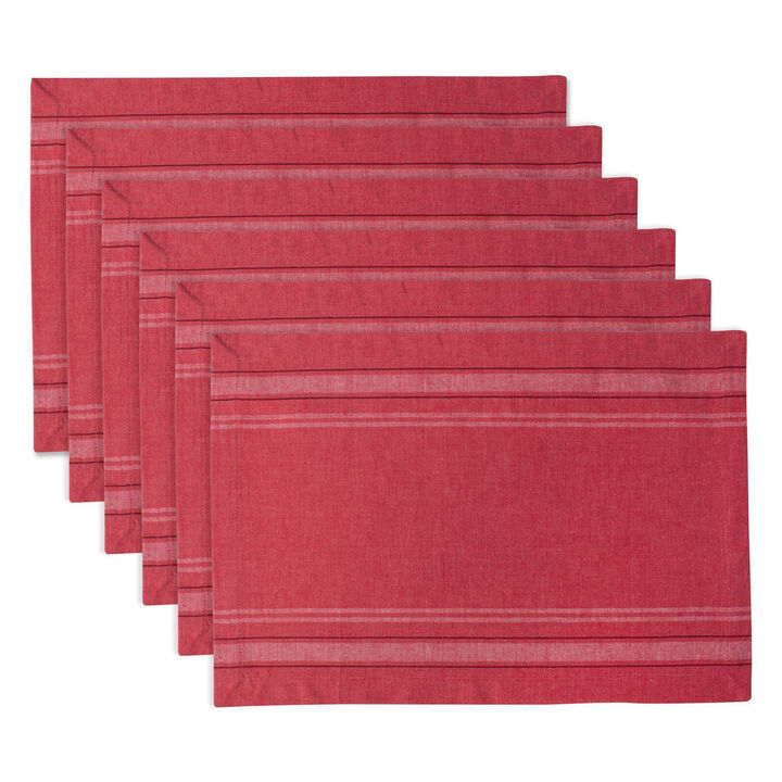 Set of 6 Tango Red Chambray French Stripe Rectangular Placemats 19" x 13"