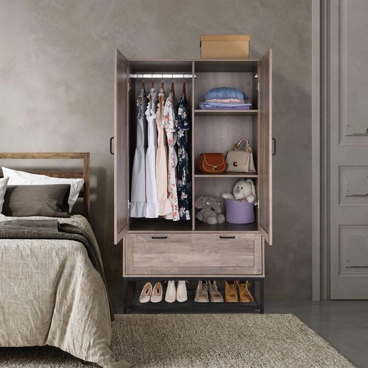 Hivvago Modern 2-Door Bedroom Wardrobe Cabinet Armoire Shoe Rack in Retro Grey Finish
