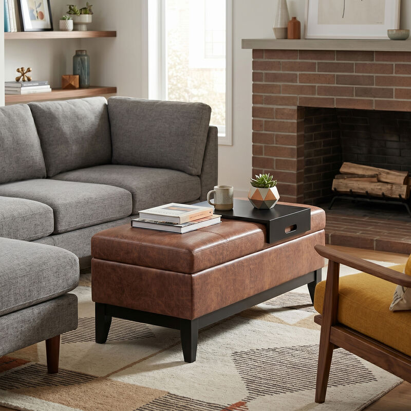 Oregon 42 inch Wide Transitional Rectangle Storage Ottoman Bench with Tray in Distressed Saddle Brown Vegan Faux Leather, Assembled image number 1
