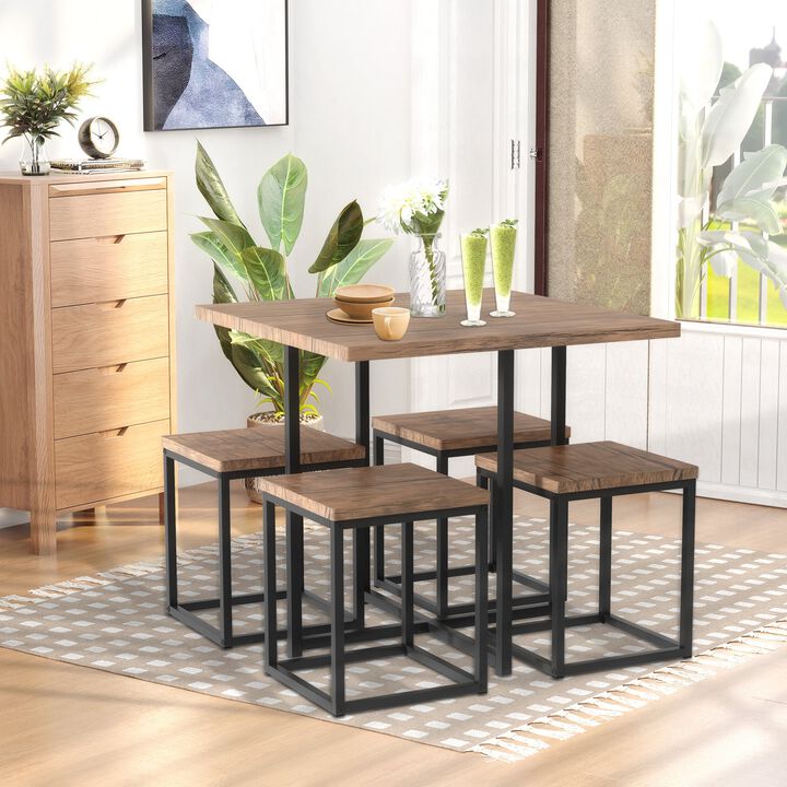 5 Piece Dining Room Table Chair Set Square Board Steel Space Saving With Stools for Small Space, Breakfast Nook, Walnut Wood