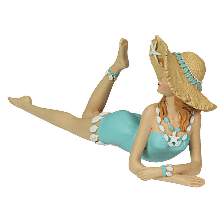 Retro Lounging Beauty Beach Girl Teal Swimsuit Resin Figurine Home Decor