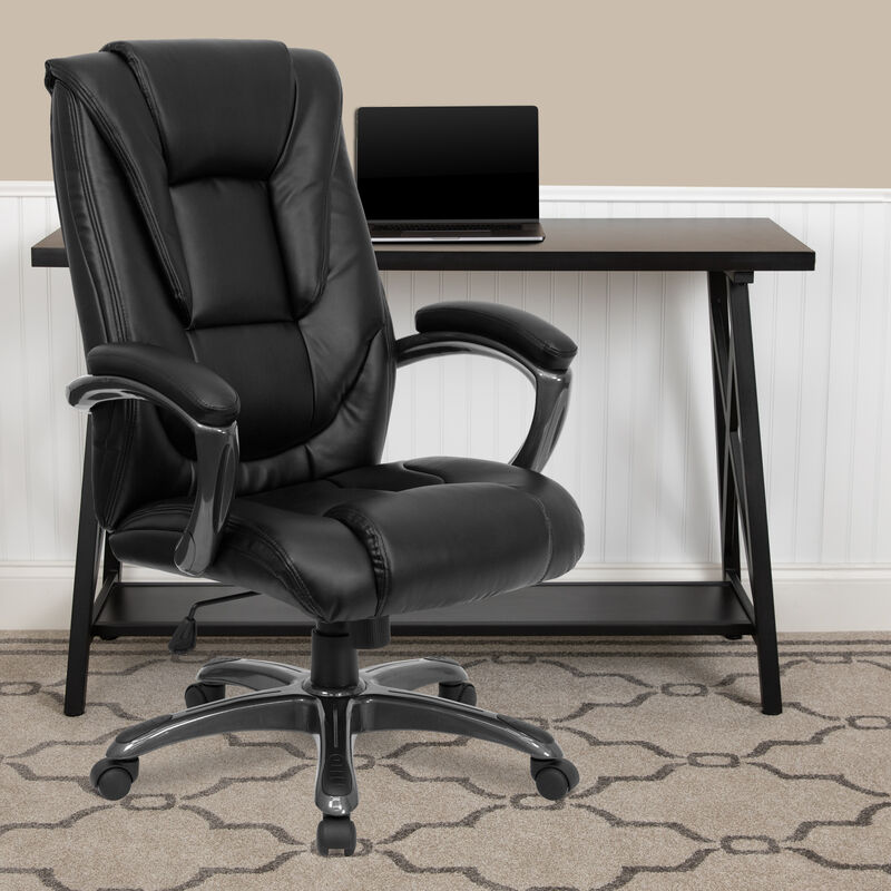 Oma High Back Black LeatherSoft Layered Upholstered Executive Swivel Ergonomic Office Chair with Smoke Metal Base and Arms image number 1