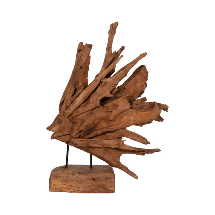 30" Teak Wood Fish On Stand, Light Natural