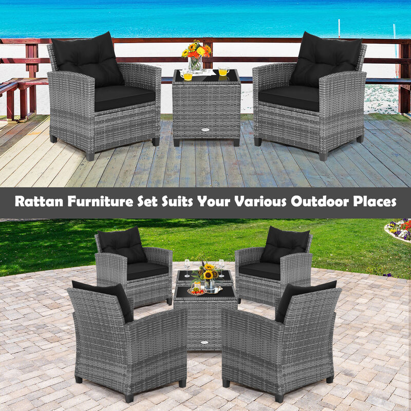 3 Pieces Outdoor Wicker Conversation Set with Tempered Glass Tabletop