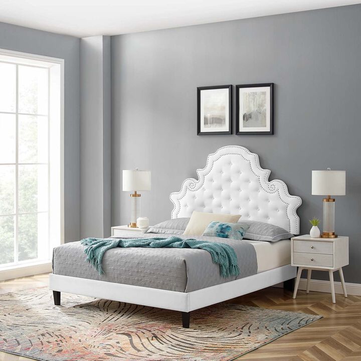 Modway Gwyneth Tufted Performance Velvet Twin Platform Bed in White with Black Wood Legs