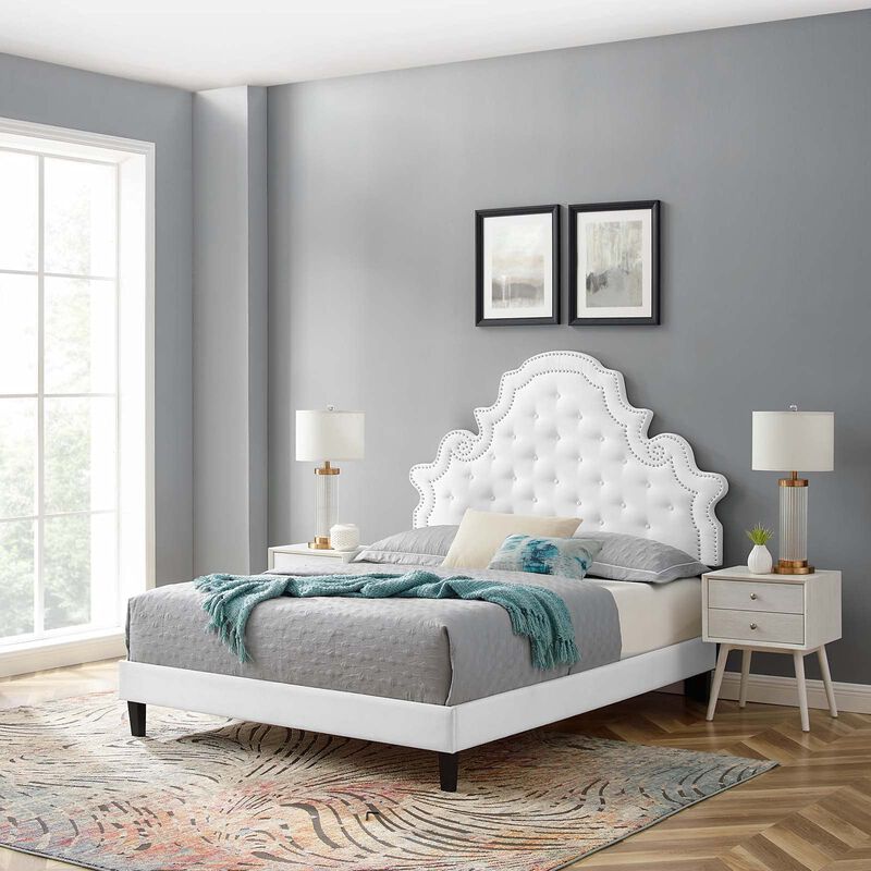 Modway Gwyneth Tufted Performance Velvet Twin Platform Bed in White with Black Wood Legs image number 1