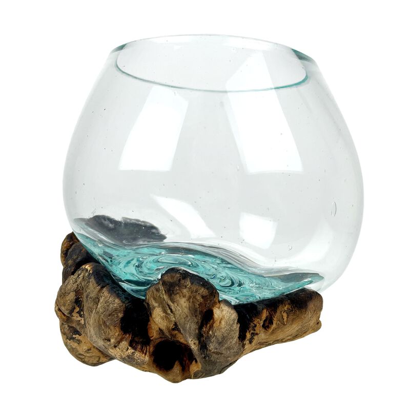 Melted Glass On Gamal Root Wood Decorative Bowl Vase Terrarium Planter image number 0